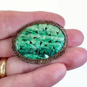 Jade Brooch, Nephrite, Carved, Asian, Chinese Export, Vintage, Flowers,Gold Gilt